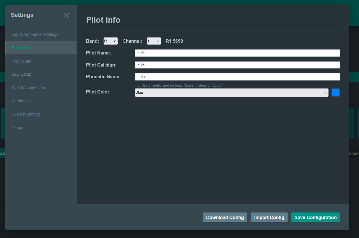 Configuration Pilot Info